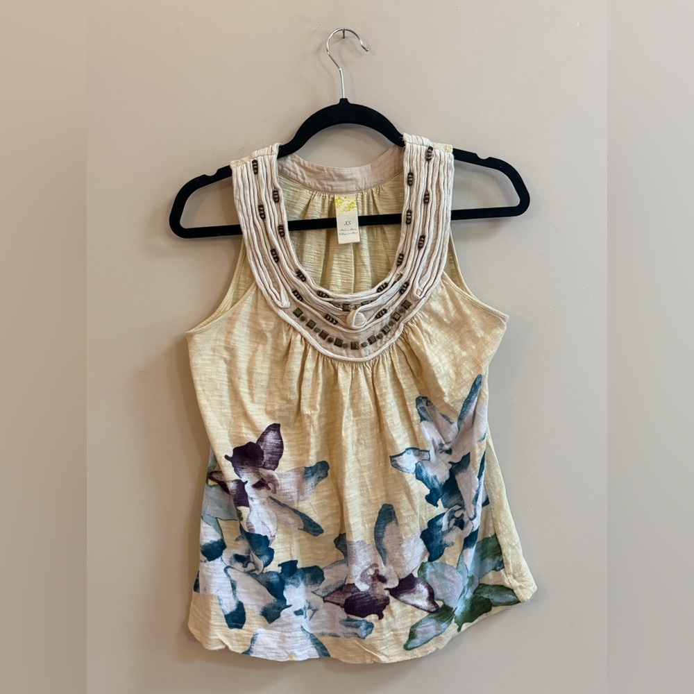 Anthropologie Vintage Cotton Boho Bead Multicolor Floral Tank Top Blouse Shirt